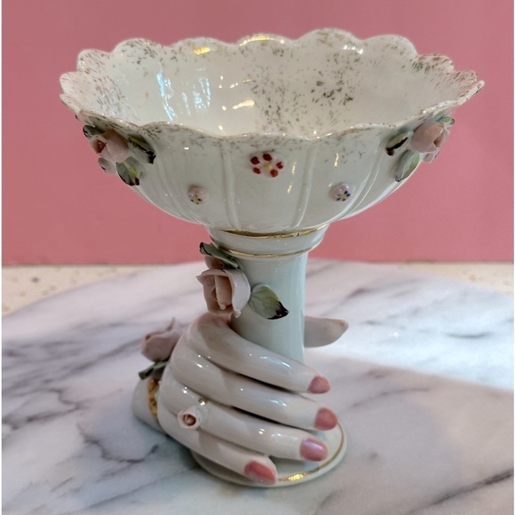 VTG Bone China Porcelain Flowers Compote Bowl Stand with Antique Ladies Hand - Picture 2 of 9